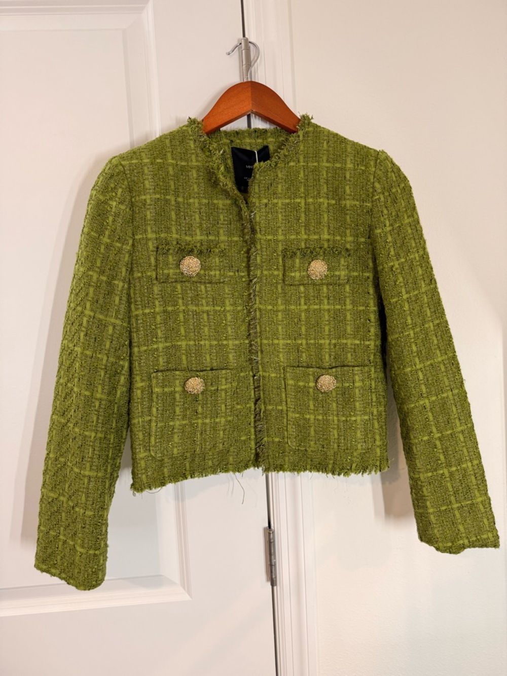 Mango Green Tweed Cropped Blazer with Gold Buttons